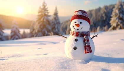A charming snowman, wearing a scarf and hat, stands in a snowy landscape with a forest and a setting sun