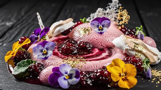 Gourmet dessert composition with floral decoration against dark background