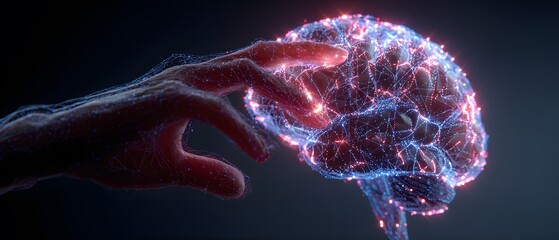 Illuminated human brain model with a hand reaching towards it, featuring intricate connections and a network of lights, conveying thought processes in a futuristic setting with a dark, cool color...
