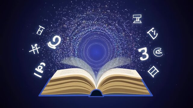 Open book with astrology symbols and stars emanating from it.