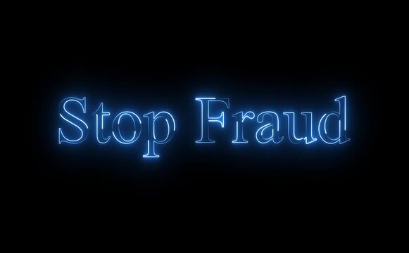 Stop fraud with bright neon blue glowing text against a dark background