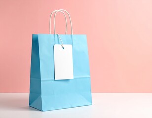 Pastel blue gift bag with white tag and handles, against a pink backdrop