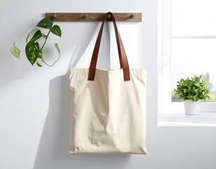 Blank canvas tote bag with leather handles hanging on a wall, green plant beside