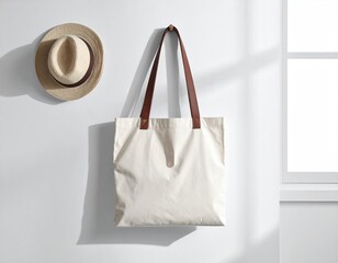 A neutral-toned tote bag hangs next to a hat on a white wall