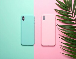 Two phones in pastel cases on a split color background, with palm leaf