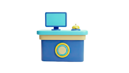3D icon of a reception desk with monitor and bell on transparent background