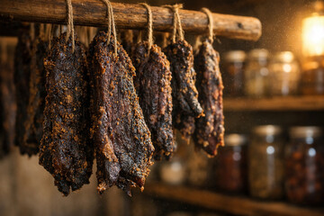 Cured Biltong Beef Strips Hanging To Dry In Rustic Smokehouse
