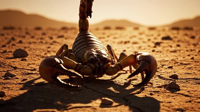 A fierce scorpion with its stinger raised surveys the cracked arid desert territory under the hot sun.