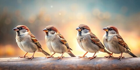 A quartet of little winged friends perched serenely upon a rustic wooden surface during a serene daytime outdoor moment.