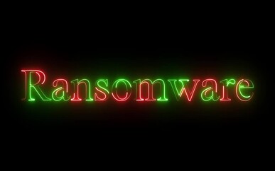 Ransomware text in neon lights on a black background