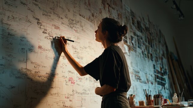 Woman brainstorming ideas on whiteboard wall