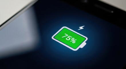 Smartphone Screen Displaying 75 Percent Battery Life with Charging Symbol on a Dark Background