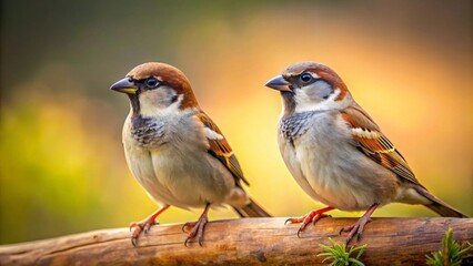 A pair of small feathered creatures perched together on weathered wood, bathed in gentle natural light, showcasing their intricate plumage details