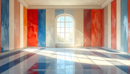 Fototapeta premium Interior room with colorful striped walls and a bright window