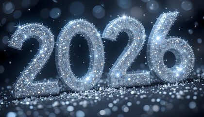 Sparkling silver numbers with scattered glitter and bokeh lights new year celebration