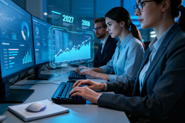 Two businesswomen and a businessman working on a company strategy for 2027 and 2028 at an office desk,