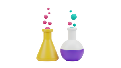 3D Two science flasks with colorful bubbles on transparent background