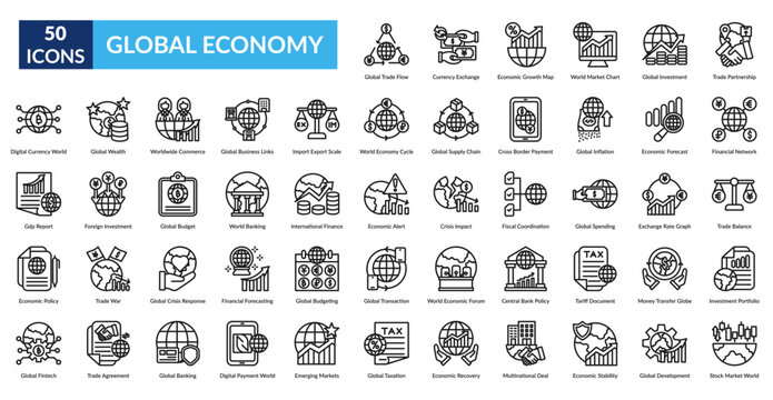 Global Economy Line Icon Set. Global, Trade, Policy, Currency, Exchange, Economic, Growth