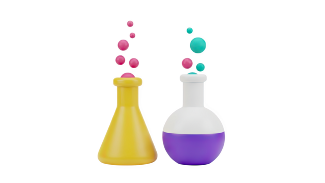 3D Two science flasks with colorful bubbles on transparent background - Powered by Adobe