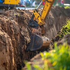 Fototapeta premium A yellow excavator shovel digs a deep trench in dirt surrounded by grass, near an unseen background