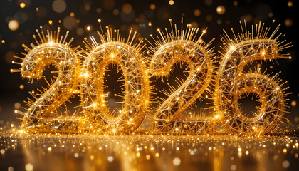 Wireframe numbers in gold with radiating light and bokeh new year celebration