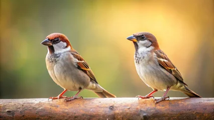 Poster de jardin  Two charming small feathered creatures perched on a rustic branch bask in soft golden sunlight with a blurred background  © Dounghathai