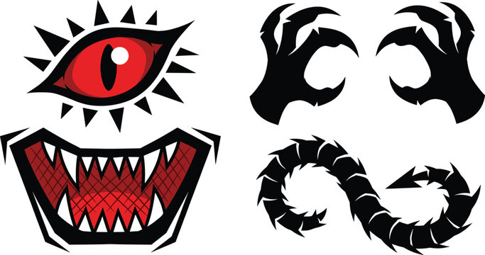 Monster face elements illustration set, scary eyes claws mouth and tail shapes, horror character parts, Halloween creature design graphic
