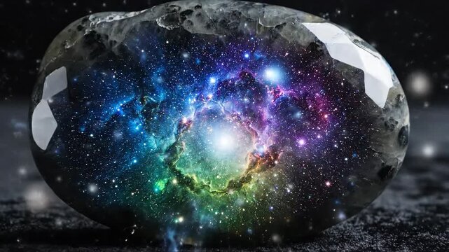 A mesmerizing cosmic nebula revealed within the depths of a multifaceted crystal gem, showcasing the universe's beauty