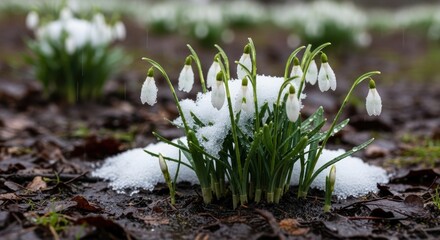 Snowdrops braving the cold a hopeful sign of spring amid melting snow patches landscape