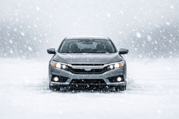 Horizontal winter travel photo of a car driving forward through heavy snowfall, headlights glowing against white and blue tones creating a tense/cautious mood, suitable for winter driving awareness