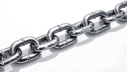 Obraz premium A close-up, diagonal view of a metallic chain lying against a pure white background, showcasing individual links