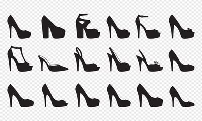 Collection of stylish highheeled shoes in various designs isolated