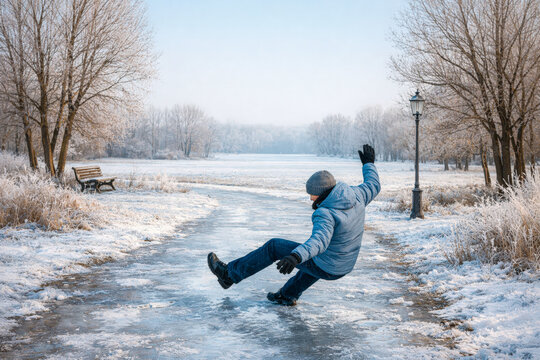 Horizontal winter people photo of a person slipping on a frozen park path surrounded by snow-covered trees, soft beige/blue tones creating a quiet but risky mood, suitable for winter safety education