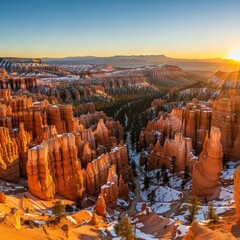 Majestic canyons bathed in golden sunrise light, a stunning vista of natural beauty and serene