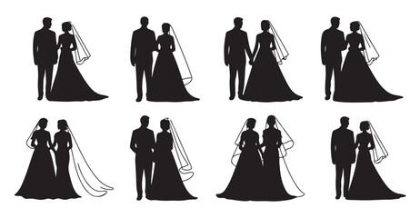 Obraz premium Wedding couple silhouettes collection, set of bride and groom black figures in different poses