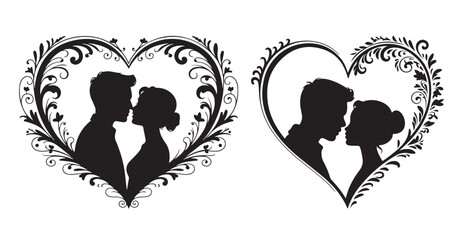 Romantic heart shaped frames with couple kissing silhouettes love and floral decor