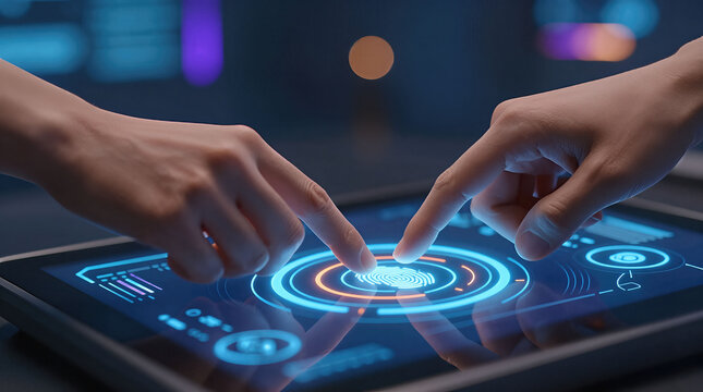 Hands interacting with futuristic touchscreen interface - Powered by Adobe