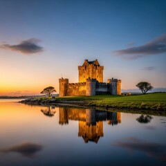 Majestic castle mirroring in tranquil waters during a radiant twilight setting horizon