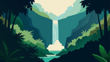 Serene waterfall in lush jungle