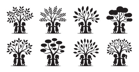 Eight black silhouettes of children standing by stylized trees symbolizing family and growth