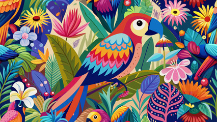 Obraz premium Vibrant tropical parrot in lush floral surroundings