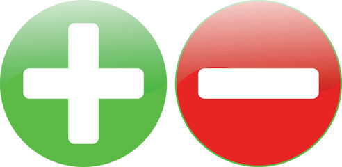 Fototapeta premium Green circular icon with a white plus sign next to a red circular icon with a white minus sign, representing positive and negative concepts or actions.