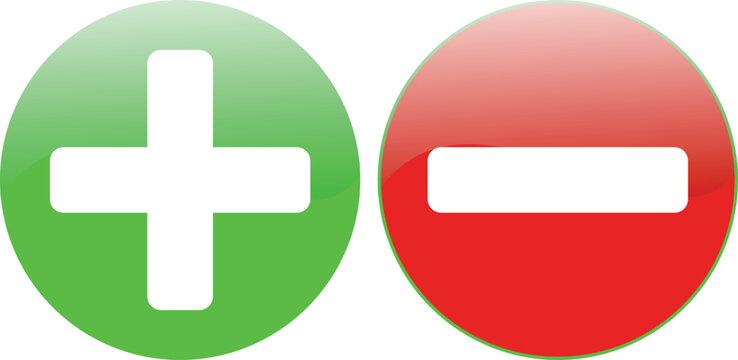 Green circular icon with a white plus sign next to a red circular icon with a white minus sign, representing positive and negative concepts or actions.