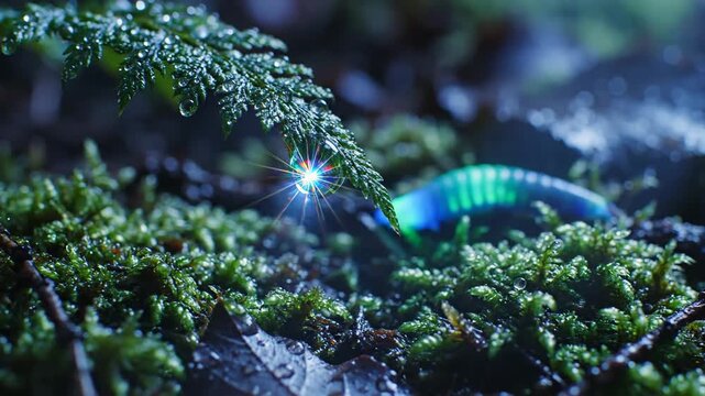 Bioluminescent glowworm illuminating the damp forest floor with subtle, magical light amidst lush moss and fern fronds