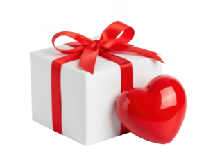 White gift box with red ribbon and heart isolated on transparent background