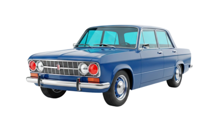 Blue vintage sedan car with tinted windows on transparent background
