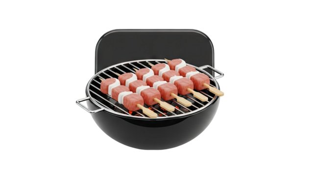 Barbecue Grill with Meat Skewers on Grate on transparent background - Powered by Adobe