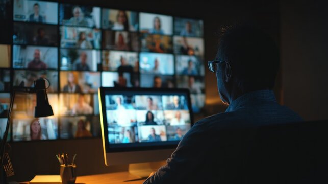 Man attending virtual meeting on computer - Powered by Adobe