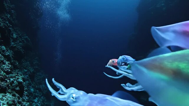 Bioluminescent Cuttlefish School Illuminating the Deep Ocean Abyss with Ethereal Glow