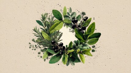 Vintage hand-drawn botanical illustration of herbs and leaves arranged in a circular wreath, detailed pen lines with watercolor shading, artistic paper grain, elegant and natural home decor style.